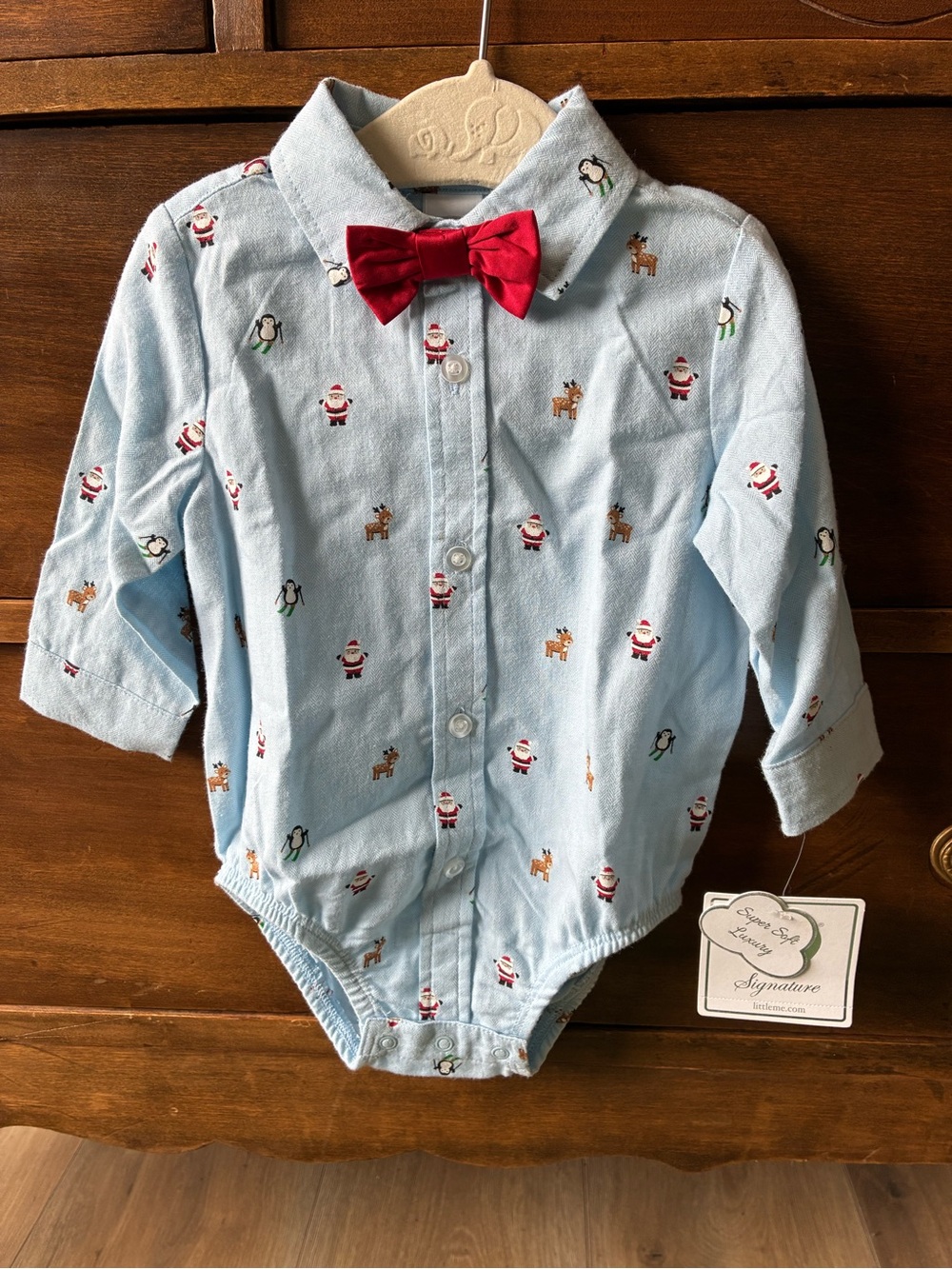Little Me Light Blue Holiday Print Button-Up Bodysuit with Red Bow Tie